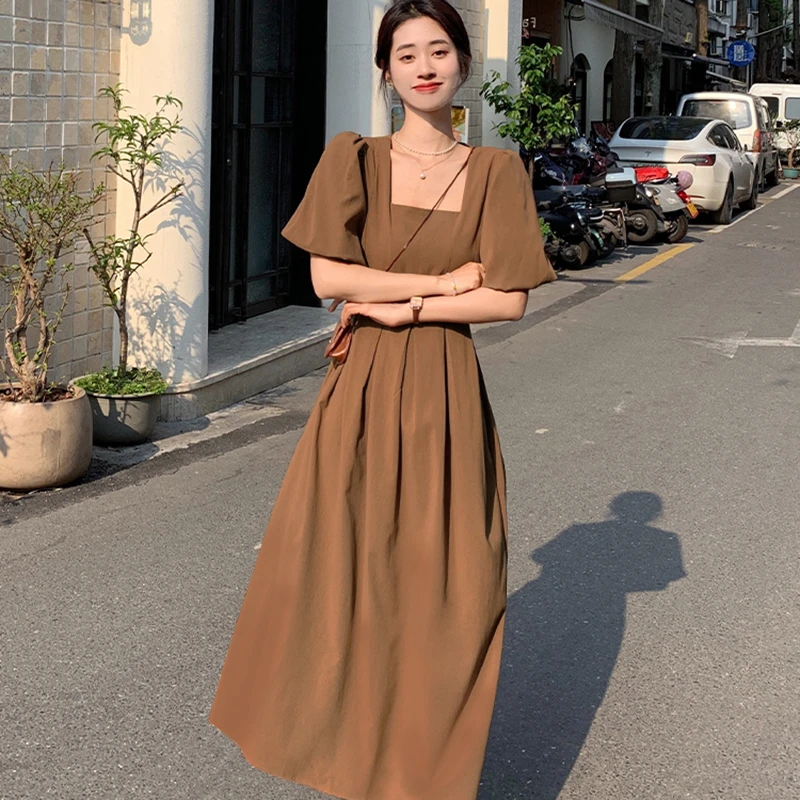 女装连衣裙夏法式气质泡泡袖修身显瘦方领纯色初恋茶歇长裙子6948