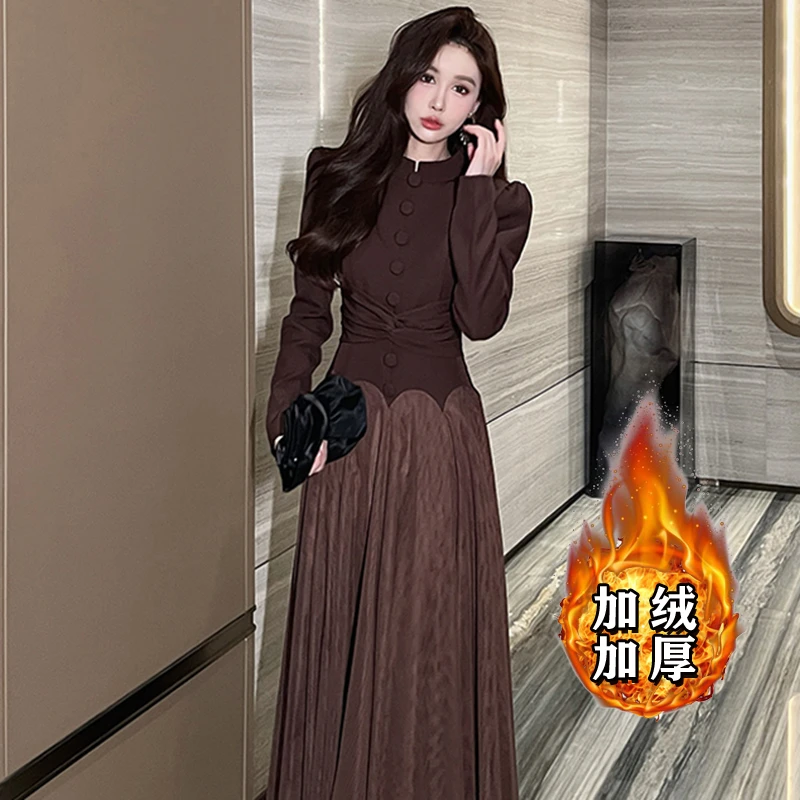 【加绒加厚】休闲气质时尚法式复古连衣裙名媛收腰网纱长裙子2653