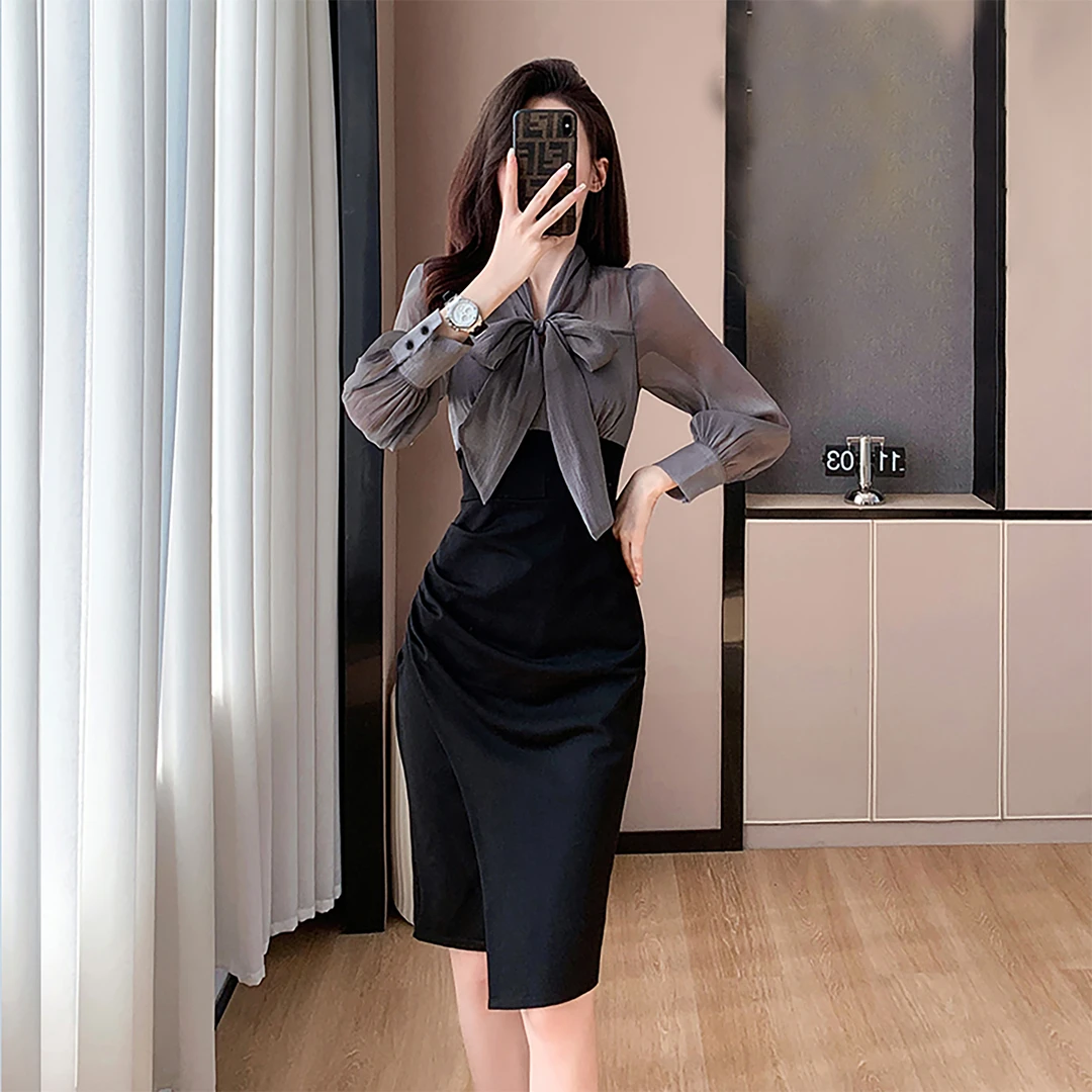 女装连衣裙法式时尚气质褶皱显瘦包臀蝴蝶结小个子中长裙A8110