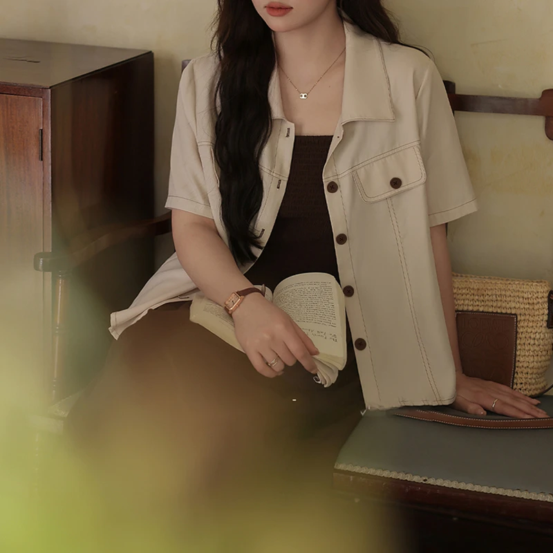 【大码】【两件套】正肩短袖夏薄款宽松修身显瘦遮肚子衬衫外套B8166