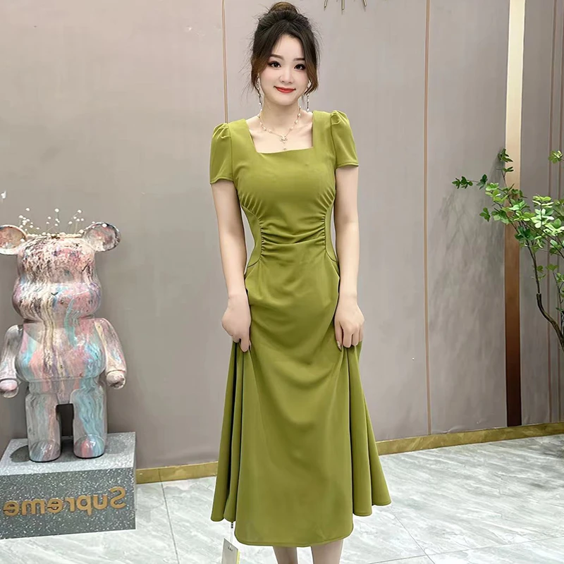 夏季绿色连衣裙女收腰气质高端正式场合方领法式长裙子6854