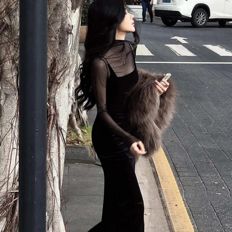 秋季法式气质女装高级感绝美长裙赫本风高端黑色连衣裙子2229