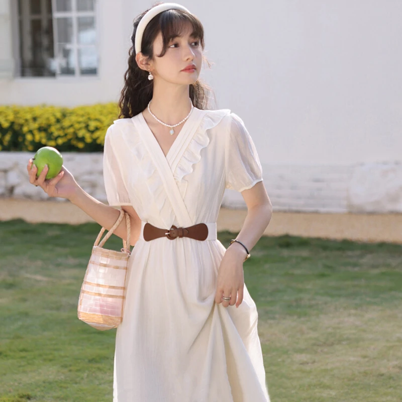 【送腰带】【有内衬】法式夏季气质v领连衣裙女2025夏短袖裙子6805