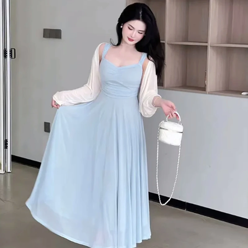 【大码】【两件套】吊带连衣裙女新款收腰遮肉显瘦气质时尚长裙B8196