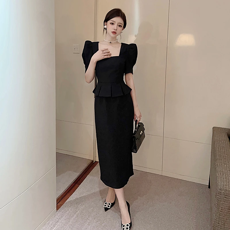 【沐紫】黑色连衣裙女2024新款方领气质赫本风假两件通勤长裙9616
