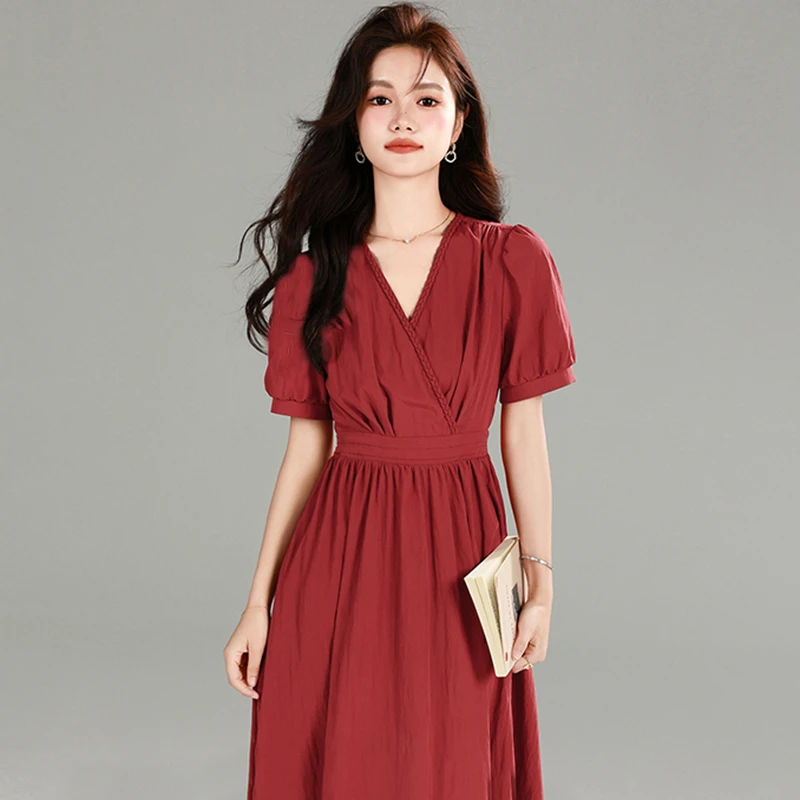 法式气质连衣裙2025年夏季新款红色收腰V领中长款时尚裙子女1305