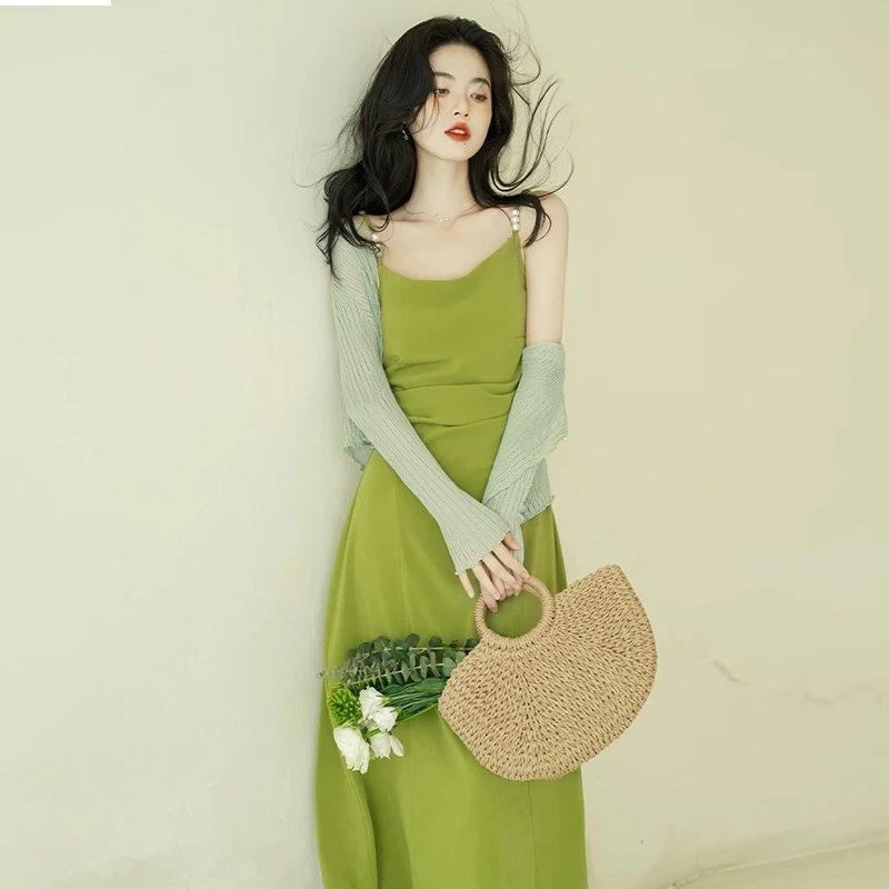 【两件套】法式绿色连衣裙夏2024新高级感气质绝美超仙吊带开衫6904