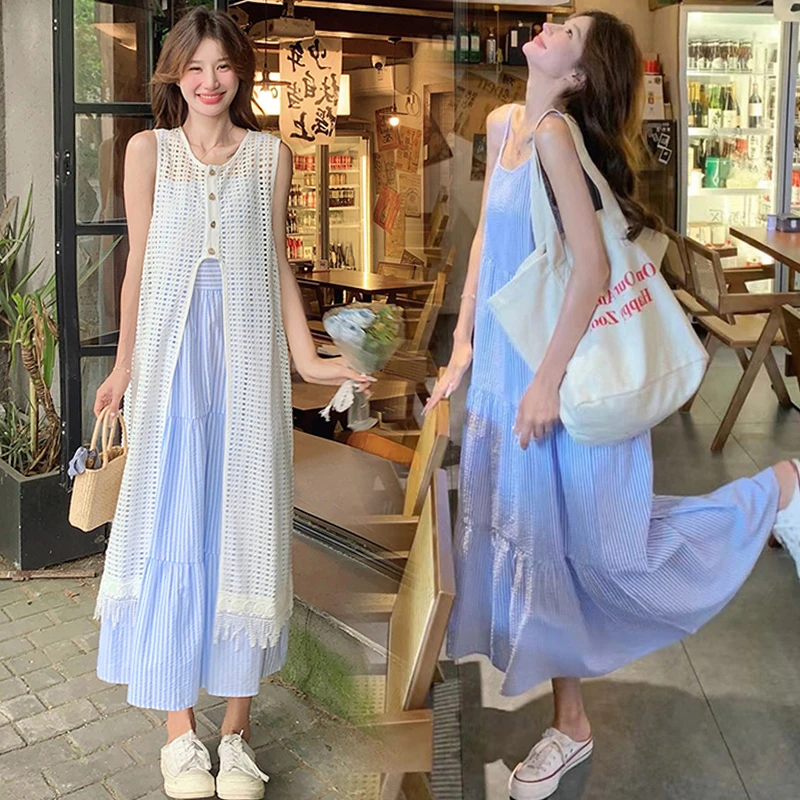 【玫瑰优选】夏季孕妇装蓝色条纹孕妇吊带裙叠穿镂空罩衫孕妇连衣裙