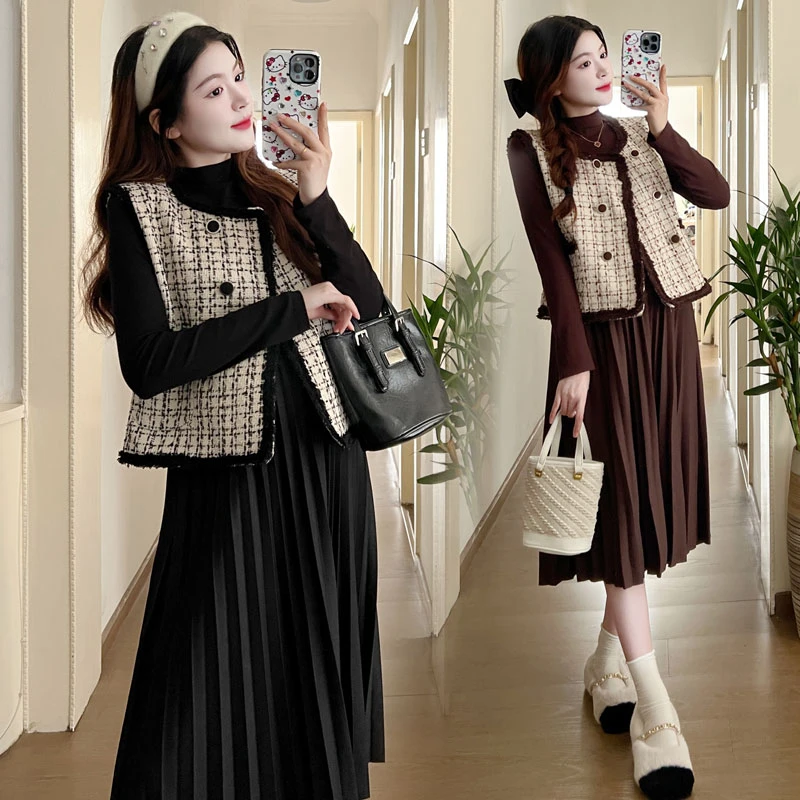 【玫瑰优选】孕妇装秋冬连衣裙时尚气质马甲洋气百褶连衣裙两件套