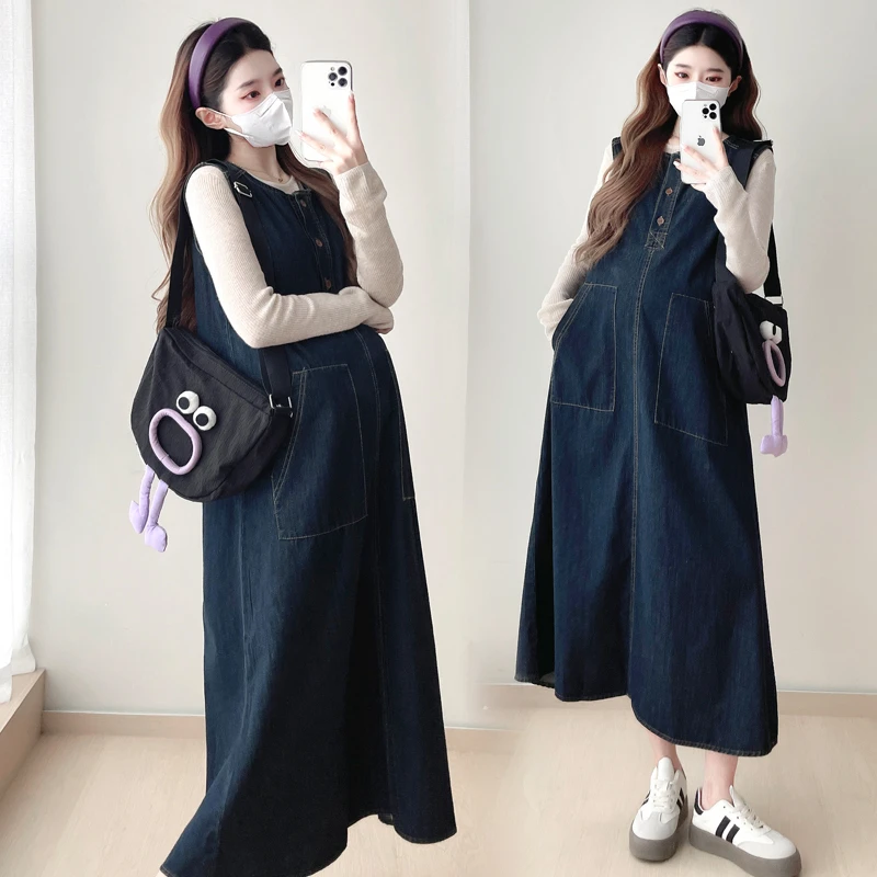 【玫瑰优选】2024秋季新款时尚宽松牛仔背心裙孕妇连衣裙裙孕妇套装