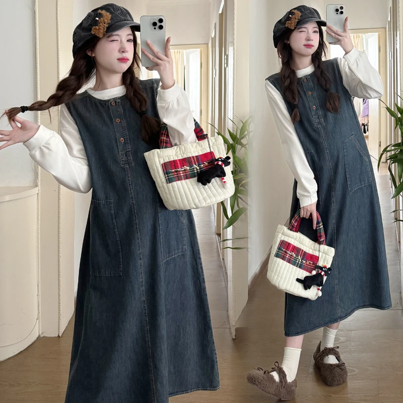 【玫瑰优选】孕妇装连衣裙秋装韩系复古牛仔减龄连衣裙洋气显瘦套装