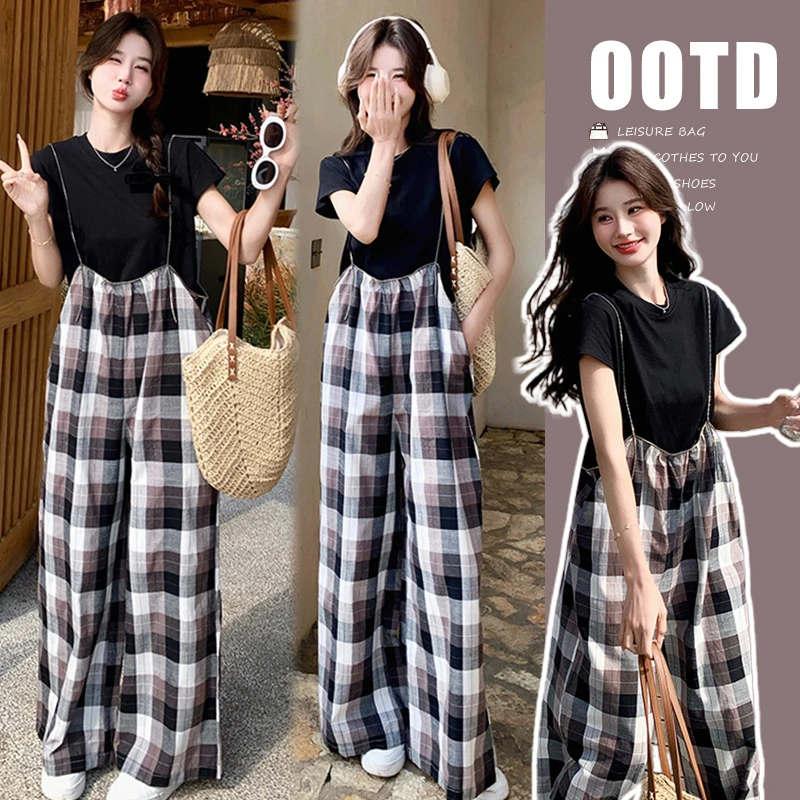 【玫瑰优选】孕妇装夏装设计感格纹吊带裤宽松时尚高级感休闲阔腿裤