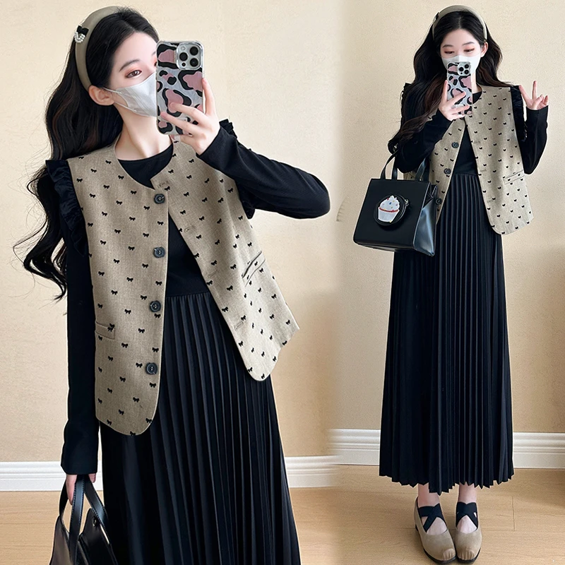 【玫瑰优选】孕妇装2024秋冬显瘦小香风马甲百褶孕期连衣裙女两件套