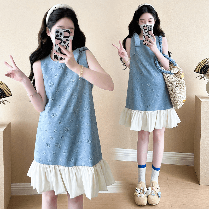 【玫瑰优选】孕妇夏装韩版时尚提花重工法式花朵蝴蝶结背心连衣裙