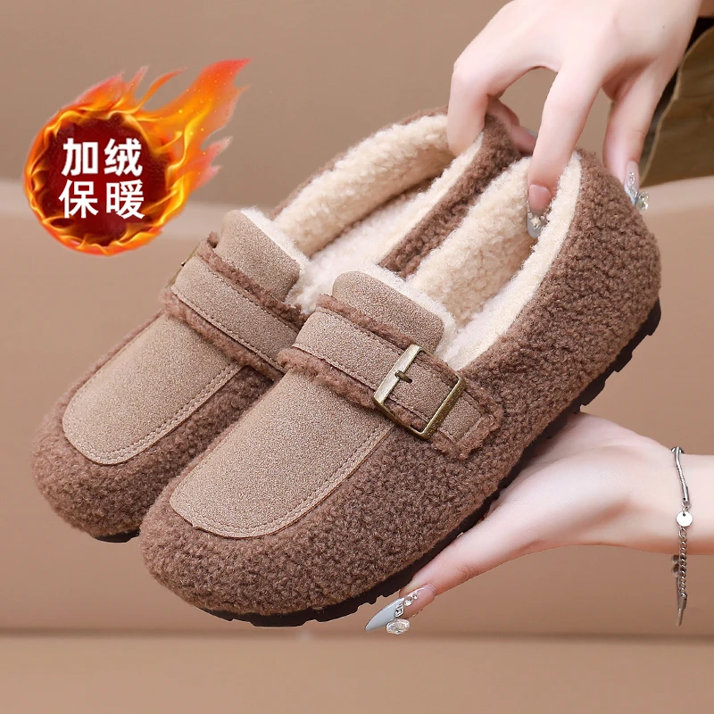 秋冬季新款加绒保暖豆豆鞋子女毛毛鞋外穿休闲百搭防滑女士棉鞋女