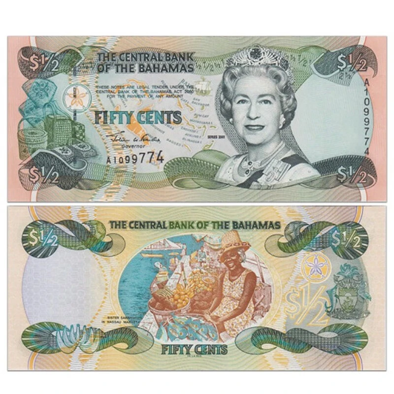 【美洲】巴哈马1/2(0.5)元纸币 女王钞 2001年 全新UNC 单枚