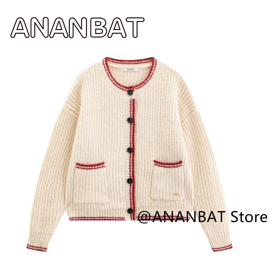 ANANBAT秋冬新款休闲韩版宽松慵懒风毛衣圆领撞色百搭针织开衫