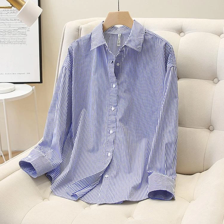 蓝色方领条纹衬衫女春设计感小众叠穿休闲衬衣长袖纯棉港味上衣女