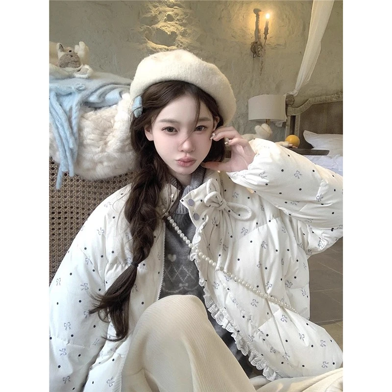 韩系碎花甜美拼接蕾丝棉服外套女冬季新款加厚蝴蝶结印花短款棉衣