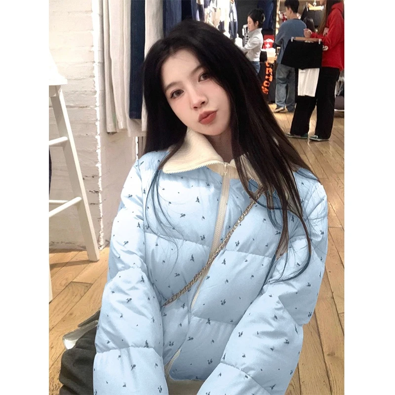 韩系针织拼接碎花短款棉服外套女2024冬季新款加厚保暖甜美面包服