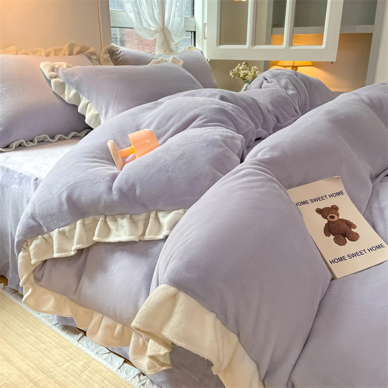 韩式牛奶绒床上四件套冬季加厚保暖公主风法兰绒被套床单三件套4