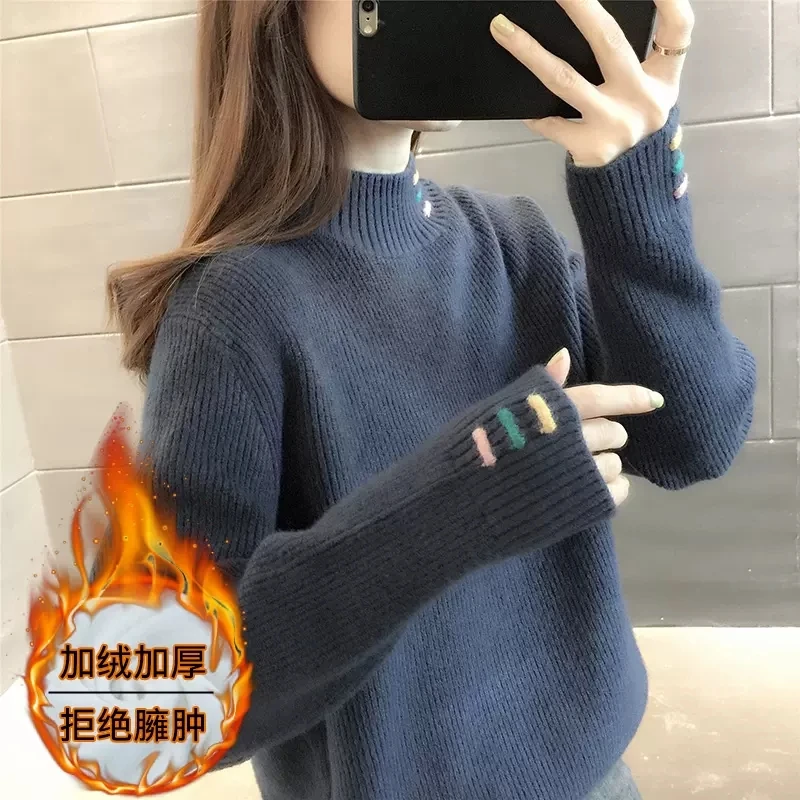 女大童半高领水貂绒毛衣2025秋冬新款女孩百搭加绒加厚内搭打底衫