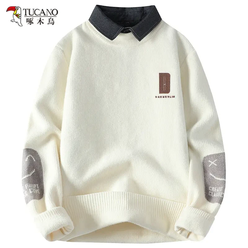 啄木鸟秋冬新款男士假两件毛衣衬衫领加厚休闲打底衫上衣针织衫男