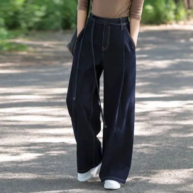 深蓝宽松牛仔阔腿裤女2023年早秋新款抽绳收腰显瘦百搭垂感拖地裤