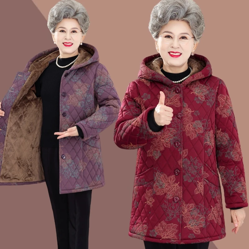 【省心穿搭】加绒加厚妈妈中长款棉衣冬装外套连帽老年人奶奶保暖装