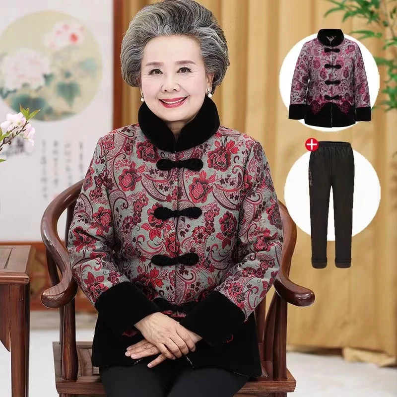 奶奶加绒老人唐装棉衣老太太加厚棉袄老年人妈妈冬装棉服80-90岁