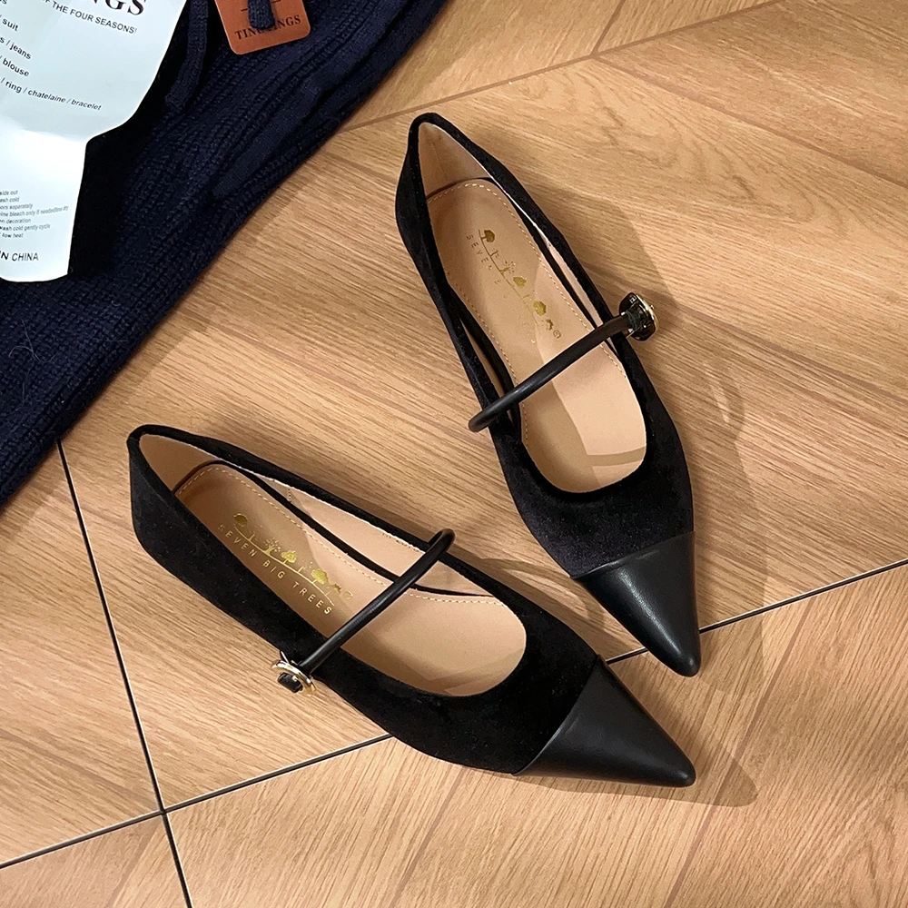赫本风尖头平底鞋女春季新款百搭浅口一字带单鞋复古玛丽珍女鞋
