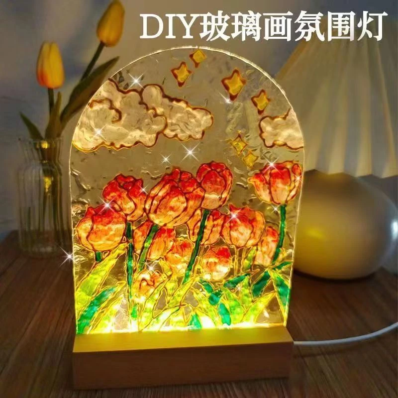 DIY手工郁金香玻璃画小夜灯材料手绘生日礼物女生女孩儿童高级感