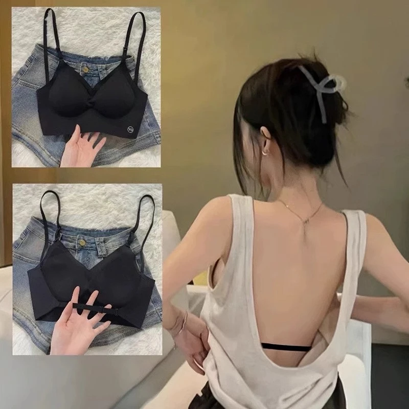 U型美背内衣女小胸聚拢带胸垫背心一体无痕露背文胸罩蜜桃杯性感