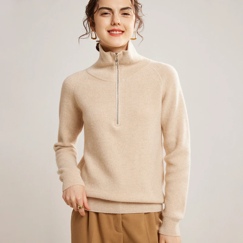 秋冬新款加厚100纯山羊绒衫女半开拉链小高领套头宽松针织打底衫