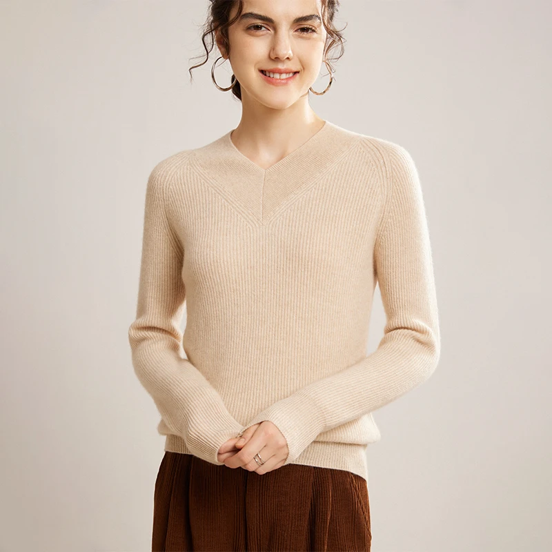 已开价，秋冬高端100%纯山羊绒女V领元宝针加厚套头毛衣打底针织衫