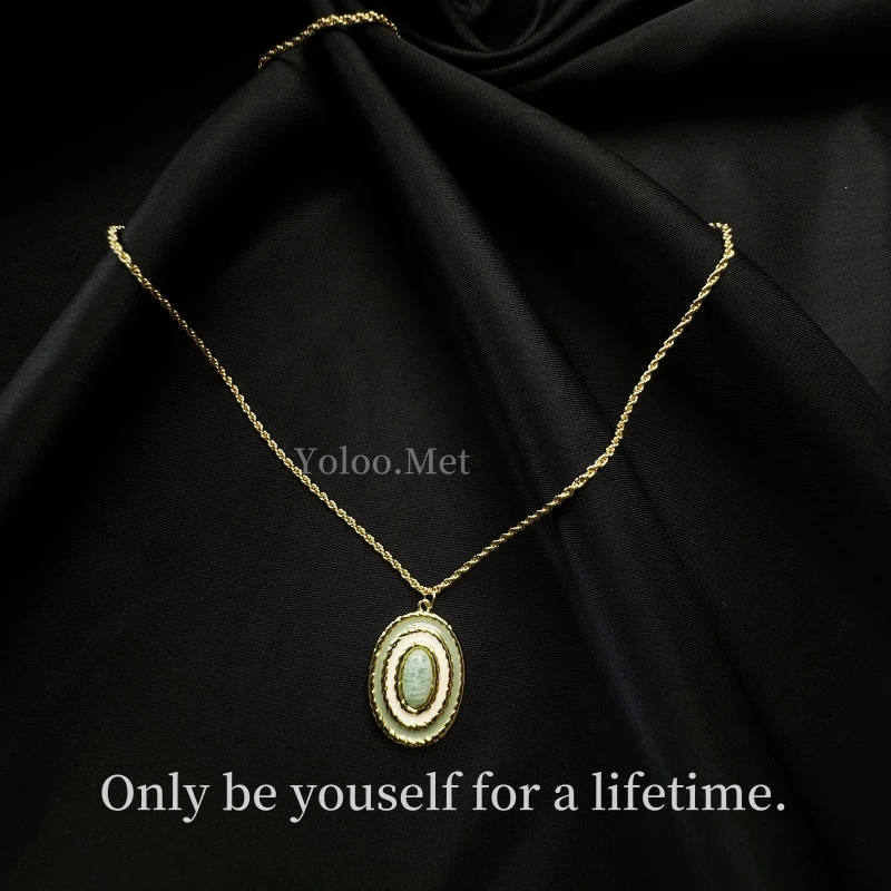 铜合金项链 【Yoloo.Met】新中式复古小众金色白绿色椭圆项链简约