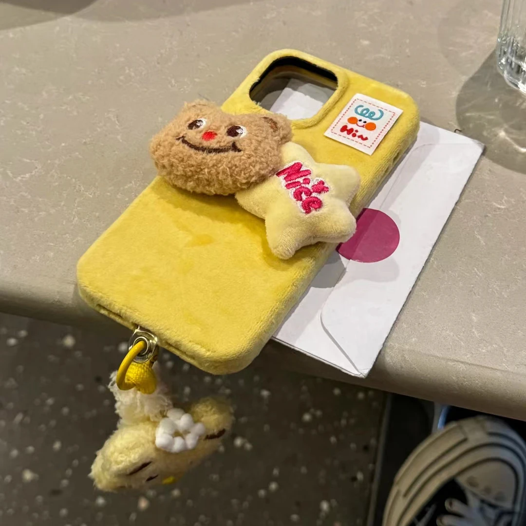 秋冬小清新立体星星小熊绒布壳适用于iPhone15promax手机壳少女心