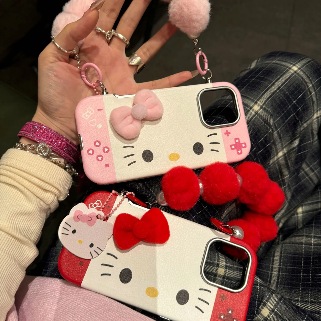 游戏机大脸kt猫咪手提皮质壳适用于iPhone16promax手机壳少女可爱