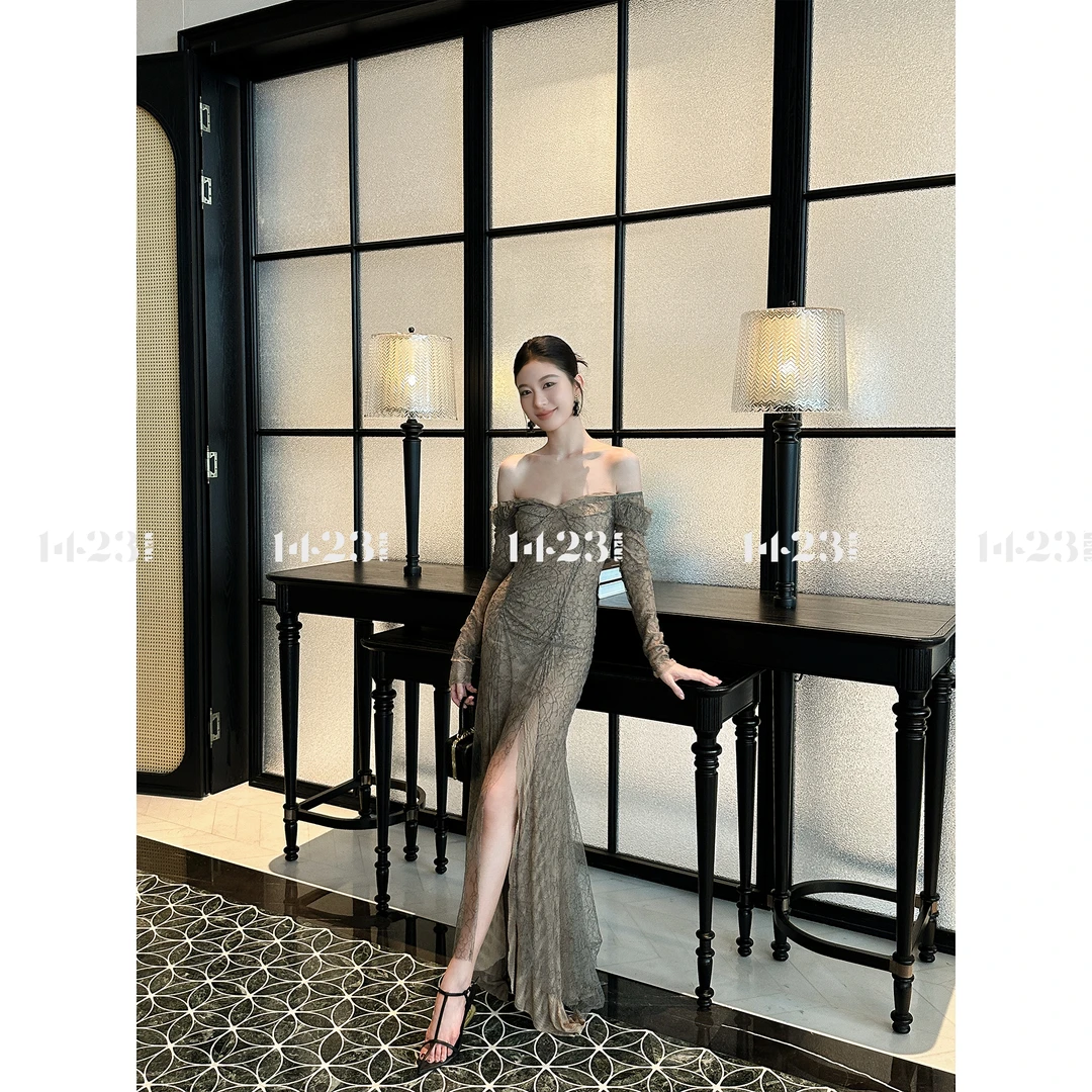 1423【甜蜜定格】藕灰沙色优雅性感蕾丝开叉鱼尾一字肩裹胸连衣裙