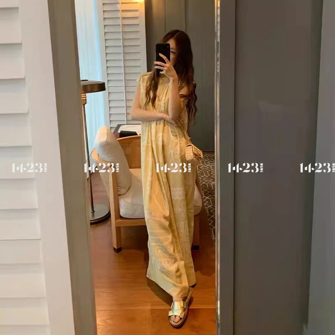 1423【午后小调】图腾咖纹无袖连衣裙&褶皱半裙&直筒裤