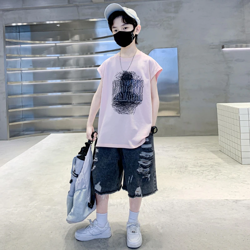 男童背心夏装薄款套装儿童中大童10-15岁潮牌男孩无袖T恤两件套潮