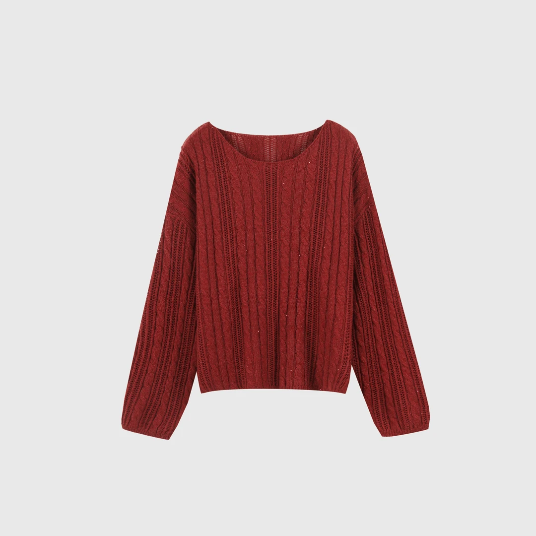 2024新款时尚微镂空进口金银丝竹片一字领麻花绞花休闲套头衫