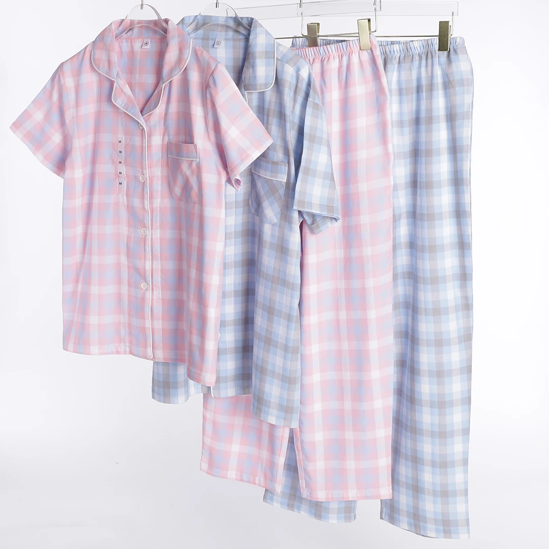 特价纯棉格子双层纱布短袖长裤睡衣女士夏季透气简约男士家居服