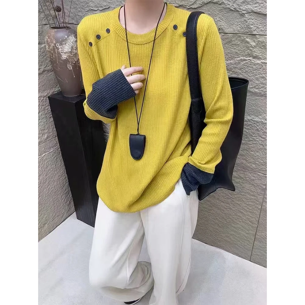 【蜜爷家】肩膀小扣子拼色宽松毛衣6122#