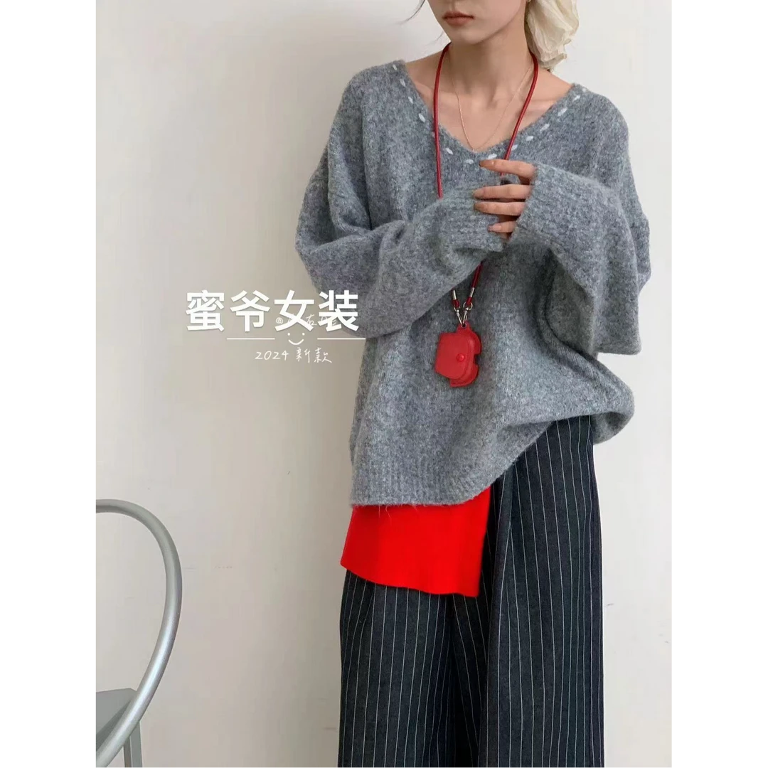 【蜜爷家】韩国V领勾线大毛衣3958#