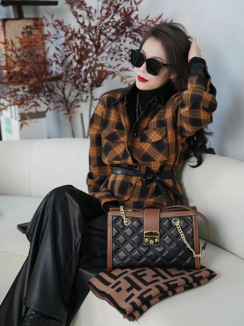 【醉牛】2023新款秋冬百搭大气菱格链条包大容量单肩包927黑色+肩带