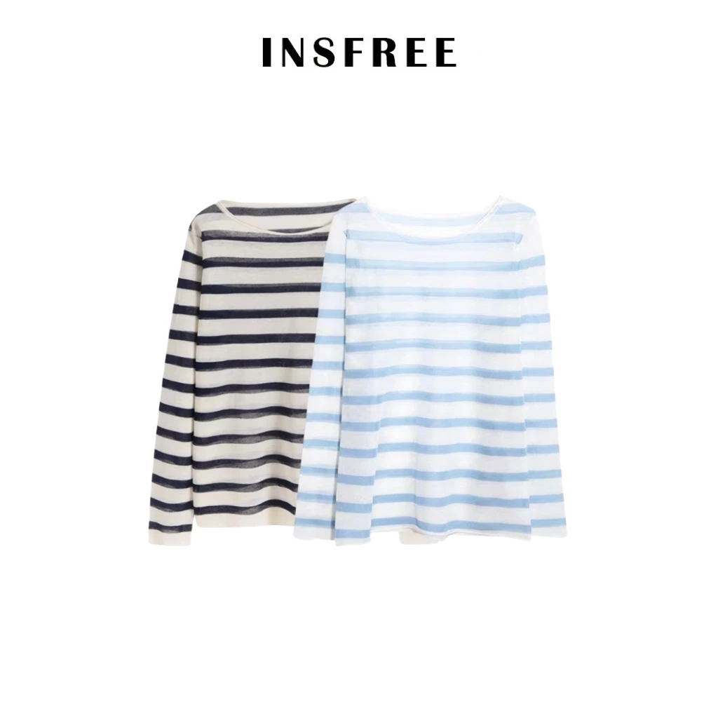 2025新款圆领宽松休闲亚麻长袖藏蓝条纹针织上衣女防晒空调衫//