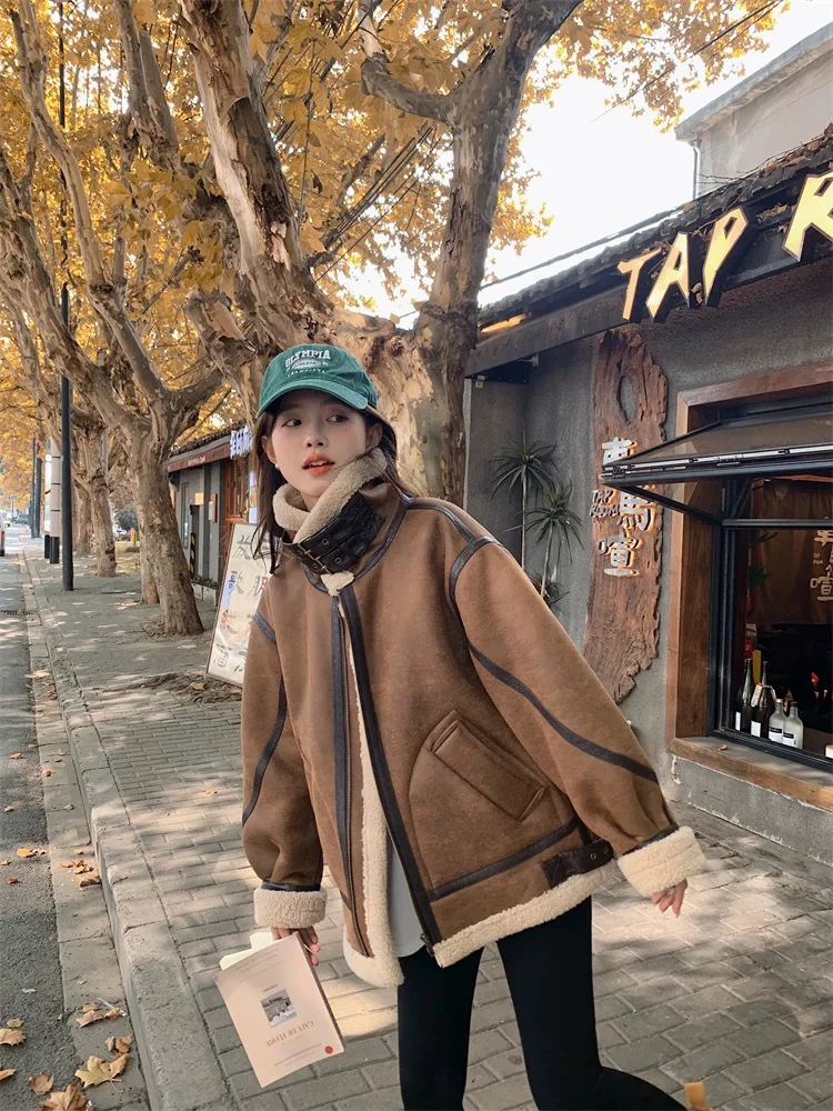 皮毛一体仿羊羔毛毛外套女秋冬季麂皮绒机车服夹克高级感大衣女装