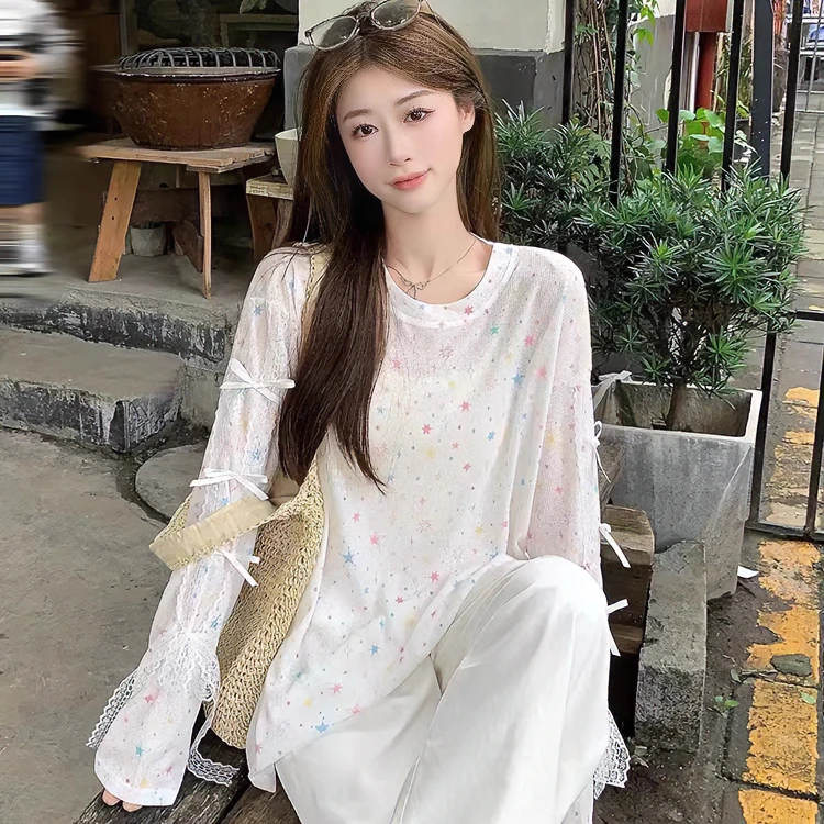 多巴胺星星防晒长袖t恤女夏季2024新款宽松蝴蝶结设计感小众上衣
