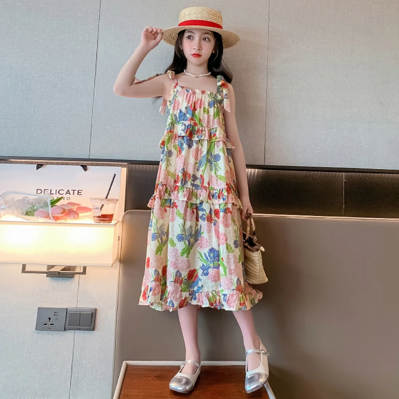 女童夏季雪纺碎花吊带连衣裙中大童夏天波西米亚风儿童夏装裙子潮